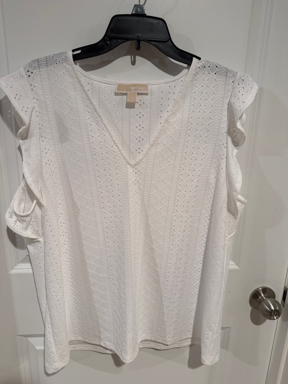 Michael Kors White Eyelet V-Neck Blouse with Cap Sleeves